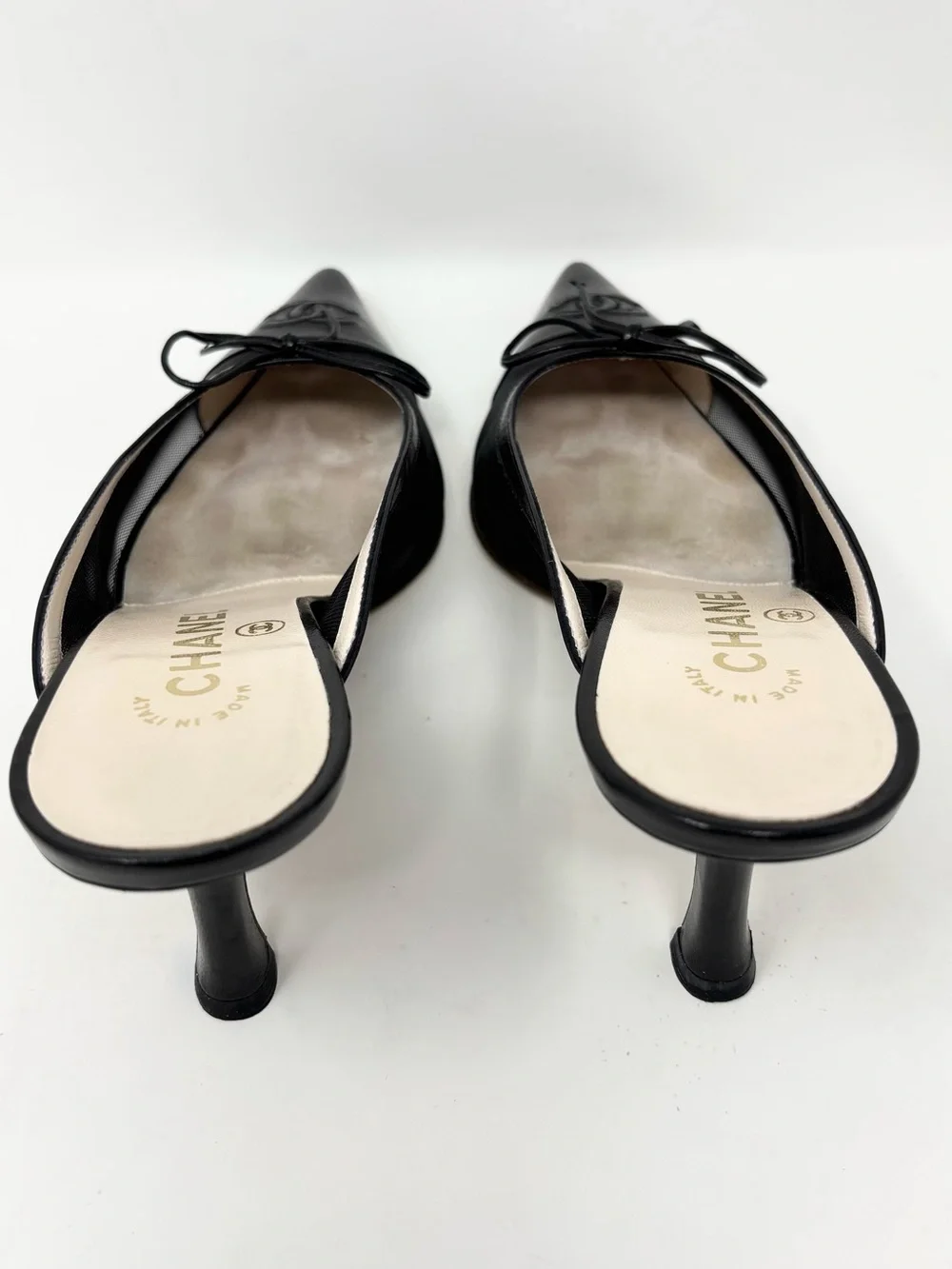 Chanel Black Mesh CC Bow Mules Heels Size 37 US 7 Vintage Y2K 90s